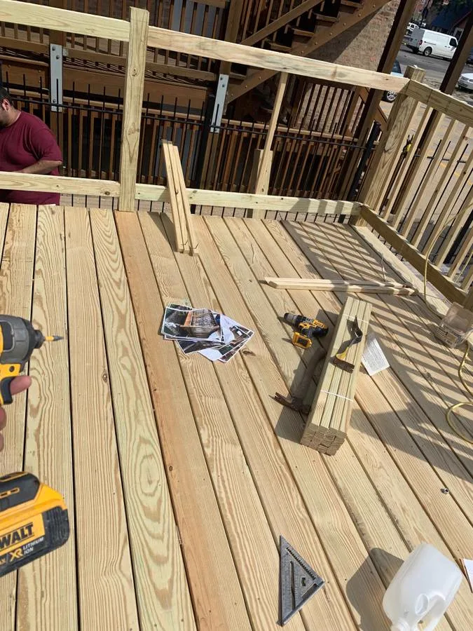 Exterior deck framing and boards during construction